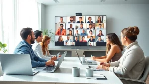 Teams下载 showcased in a modern office with diverse professionals collaborating via video conference and digital devices.