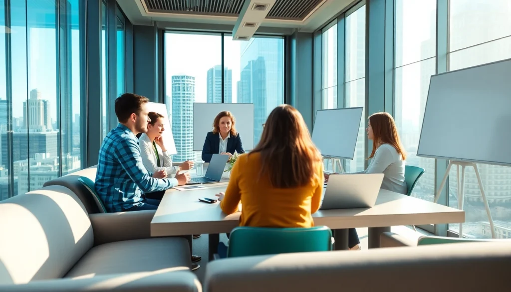 Business team collaborating in a modern office setting with diverse members engaged in discussion.