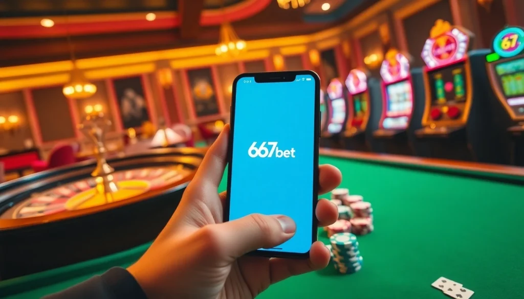 Engaging users with the 67bet App amidst a vibrant casino scene with roulette and slot machines.