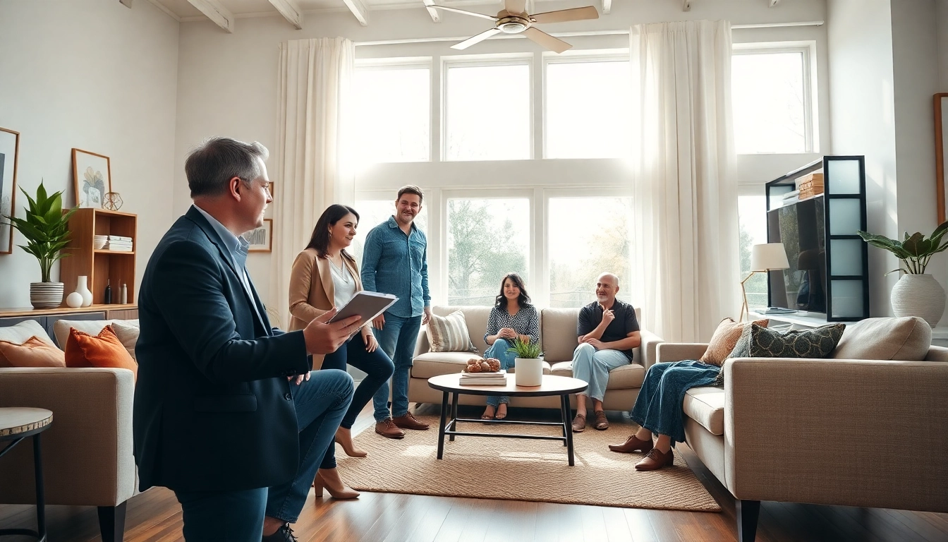 Real Estate consultation in a welcoming living room, with a professional agent guiding a family.