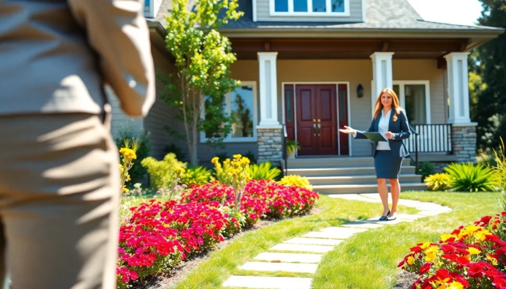 Real Estate agent showcasing a stunning home to buyers amidst a vibrant garden setting.
