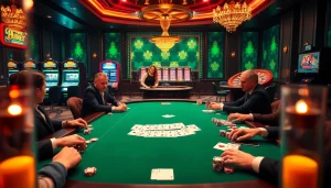 Excited players strategizing around a poker table at crickex casino, showcasing luxury and thrill.