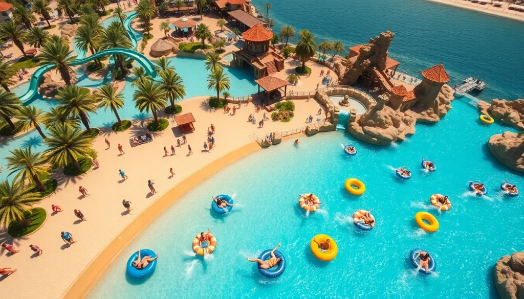 Aquaventure waterpark Dubai features thrilling slides and joyful families enjoying a sunlit day.