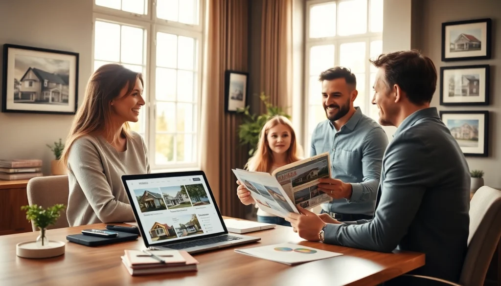 Real Estate agent assists a family in a welcoming office, discussing listings and market insights.