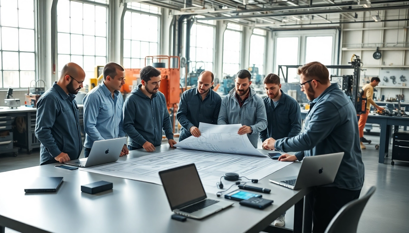 Engineers collaborating on innovative projects surrounding das 142 in a modern workshop.