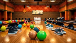 High-quality used bowling equipment showcased in a vibrant bowling alley setting.