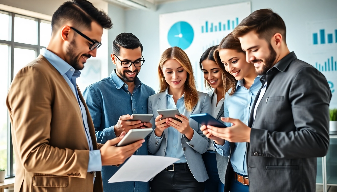 Engaged team utilizing mobile crm technology for enhanced productivity and customer relationships.