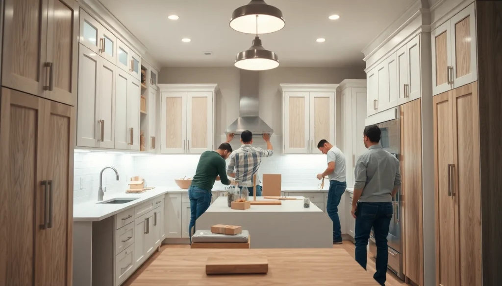 Transforming a space during a home renovation with skilled craftsmen installing modern fixtures.