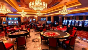 Excited gamblers enjoying the luxury casino experience at LC88 with roulette and poker tables.