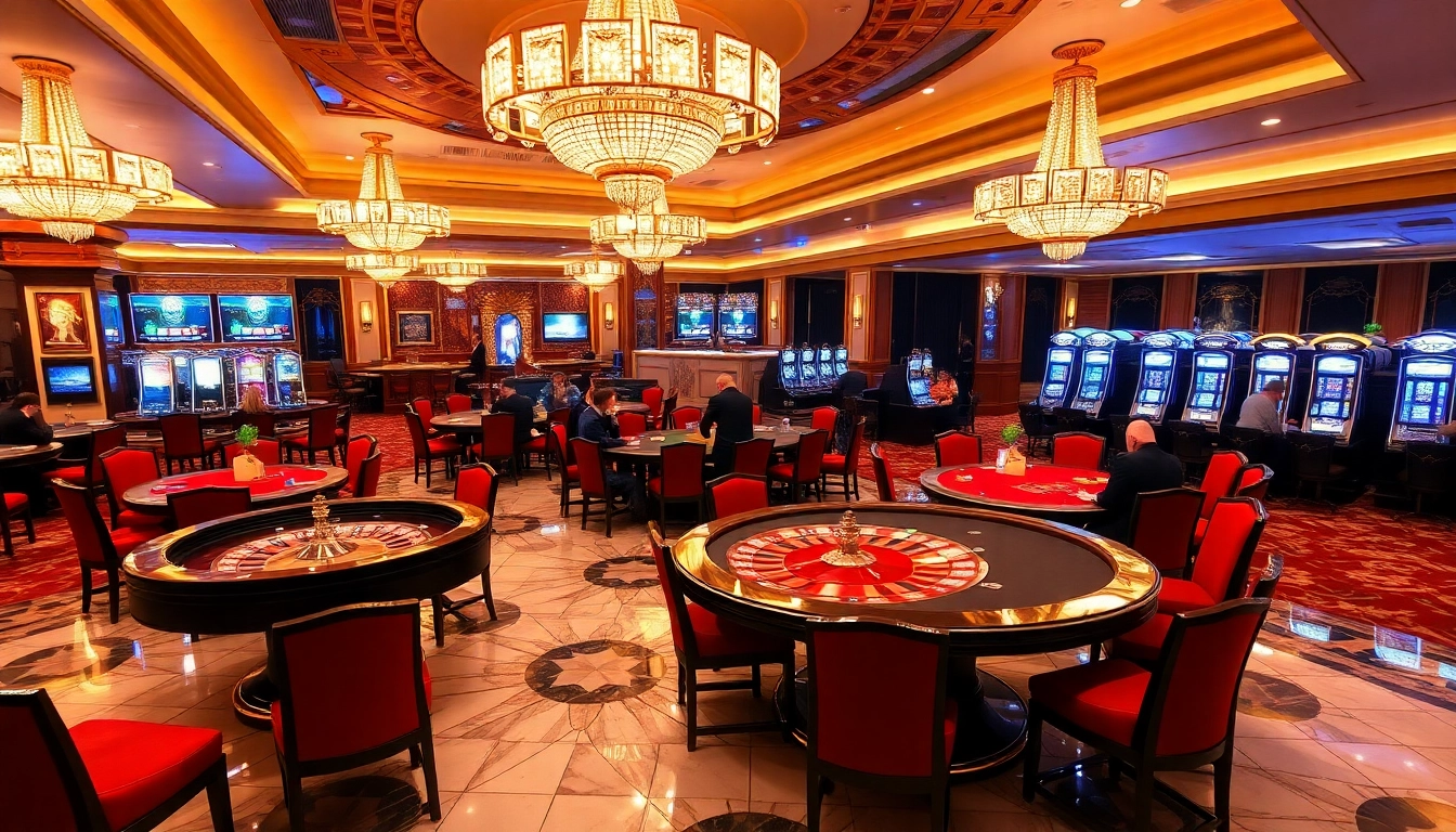 Excited gamblers enjoying the luxury casino experience at LC88 with roulette and poker tables.