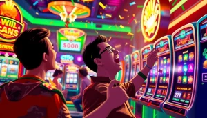 Menampilkan suasana permainan slot petanitoto yang mendebarkan dengan pemain merayakan kemenangan.