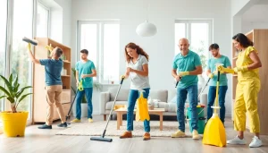 Cleaning service team efficiently organizing and cleaning in a bright, welcoming home setting.