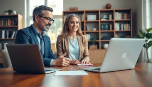 Business coach near me guiding a small business owner in a modern office setting.