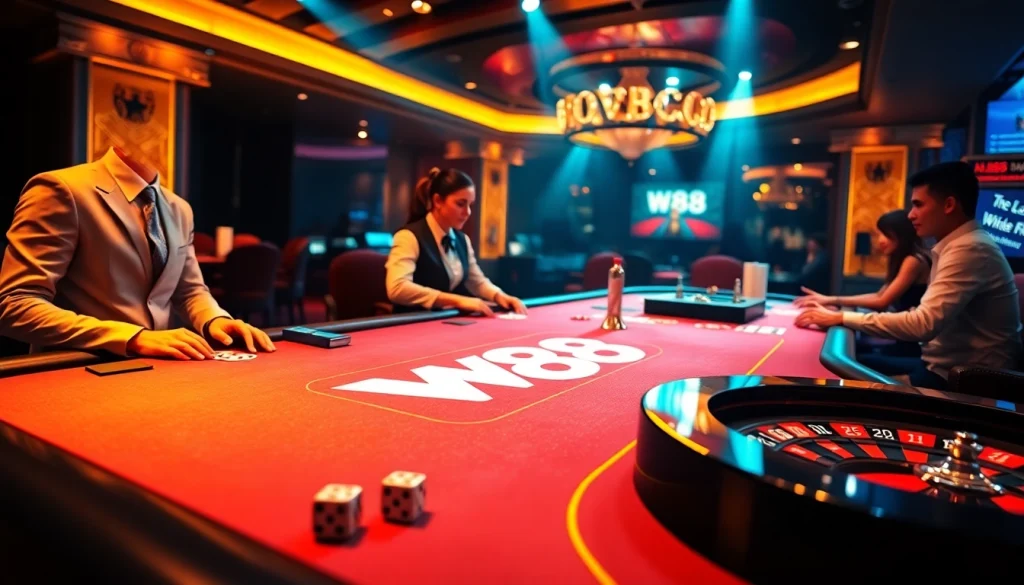 W88 players placing bets at an elegant casino table with vibrant poker chips and a roulette wheel.