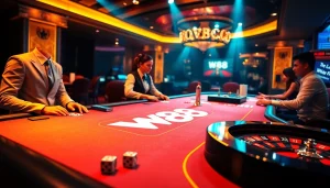 W88 players placing bets at an elegant casino table with vibrant poker chips and a roulette wheel.