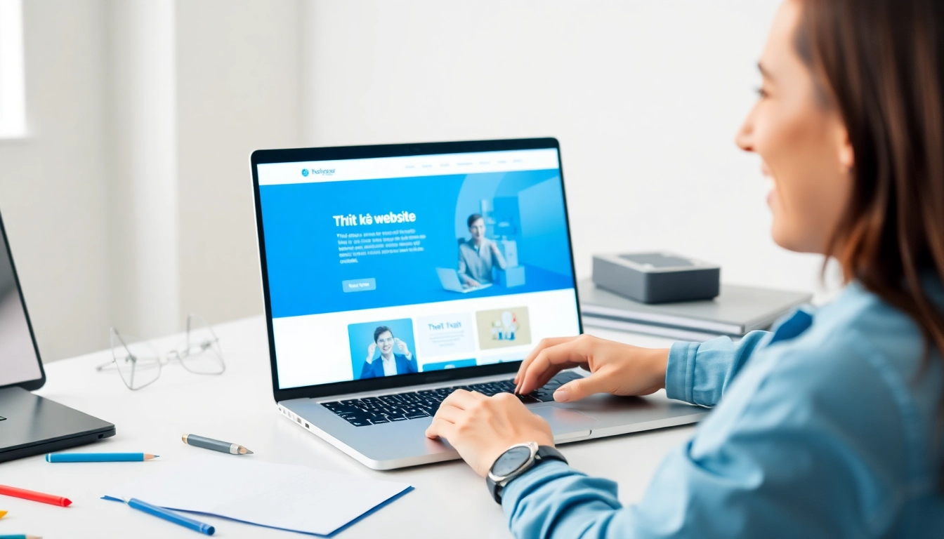 Professional website design featuring Thiết kế website on a sleek laptop.