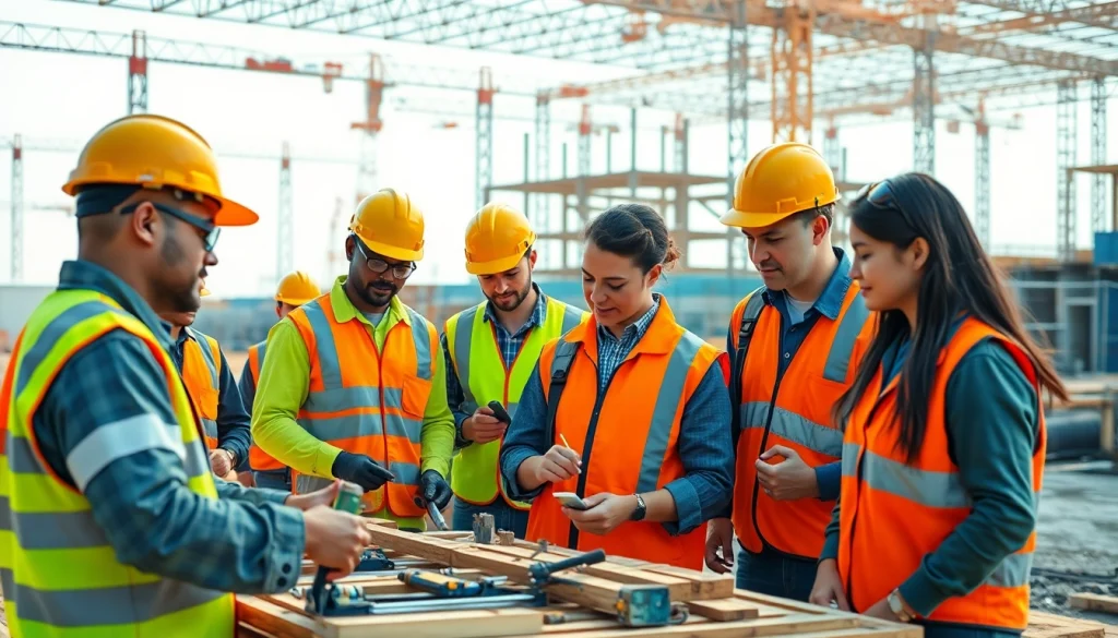 Engaging scene of construction workforce development with diverse trainees collaborating and learning skills.