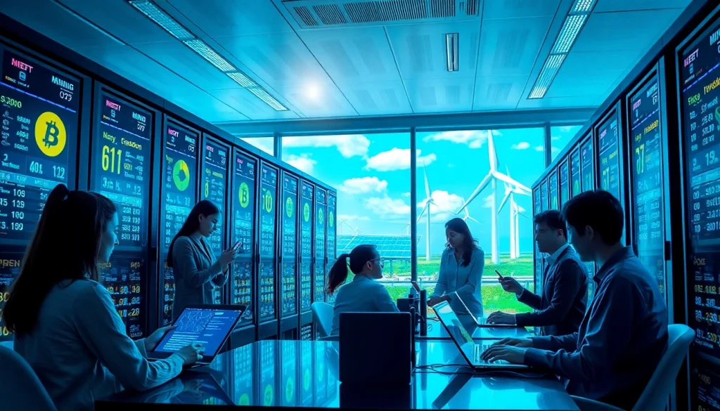 Dynamic cloud crypto mining scene showcasing renewable energy and advanced technology in action.