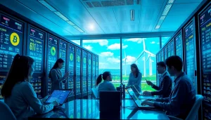 Dynamic cloud crypto mining scene showcasing renewable energy and advanced technology in action.