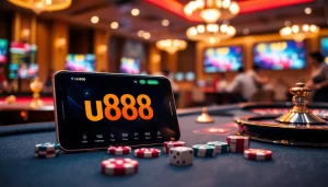 Players enjoying games on the u888 app while surrounded by vibrant casino elements.