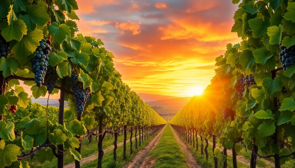 Enjoy a stunning vineyard landscape showcasing Winery Sacramento's lush grapes and serene sunset.