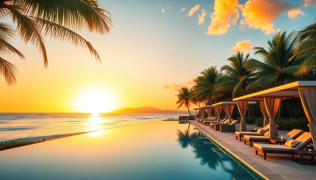 Luxury travel destinations featuring a stunning beachfront resort with sunset views and relaxing atmosphere.