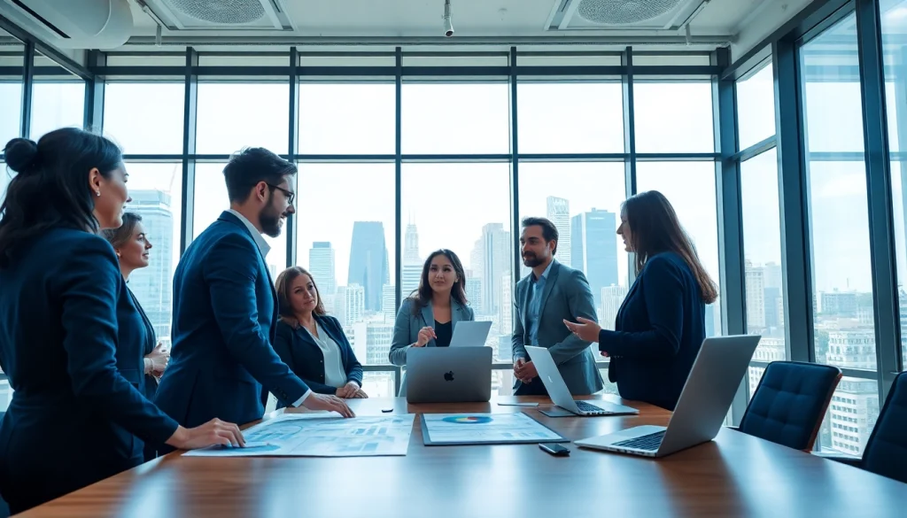 Business team actively strategizing in a modern office setting with urban skyline views.