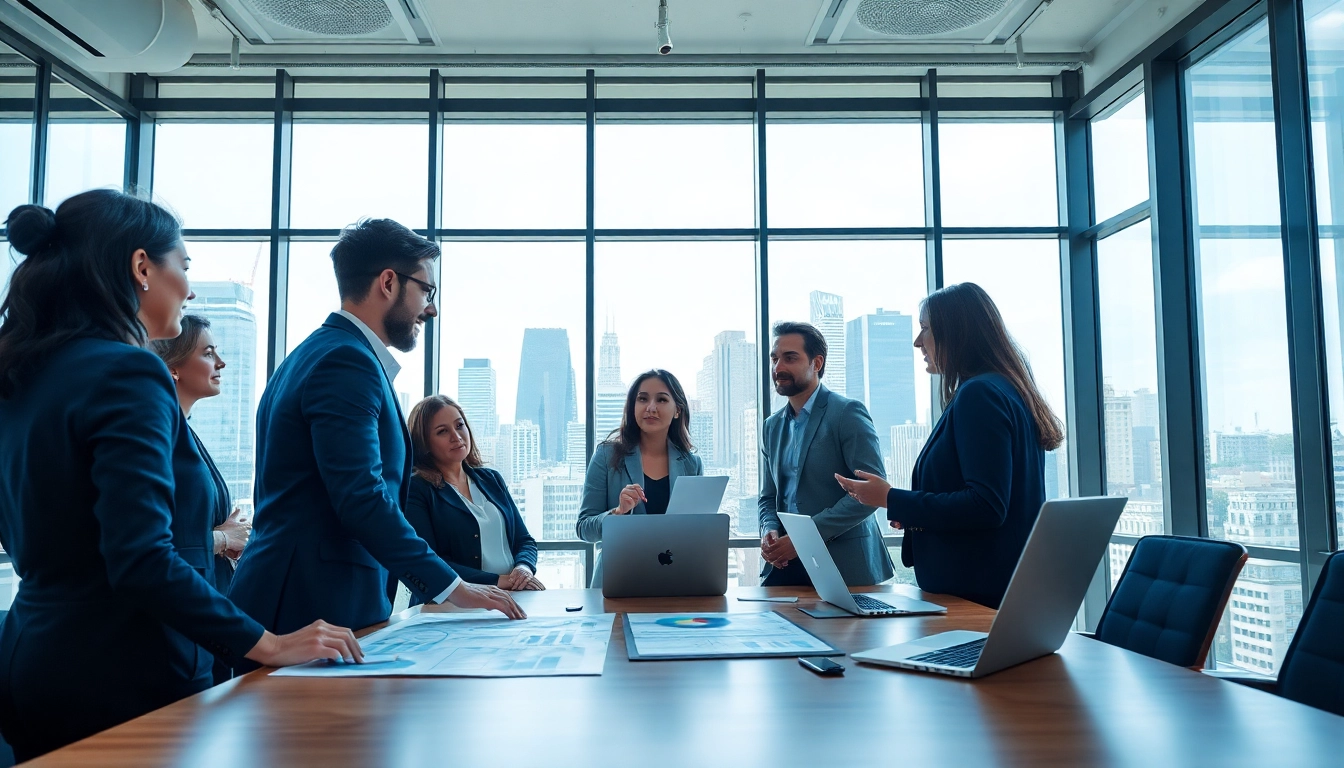Business team actively strategizing in a modern office setting with urban skyline views.