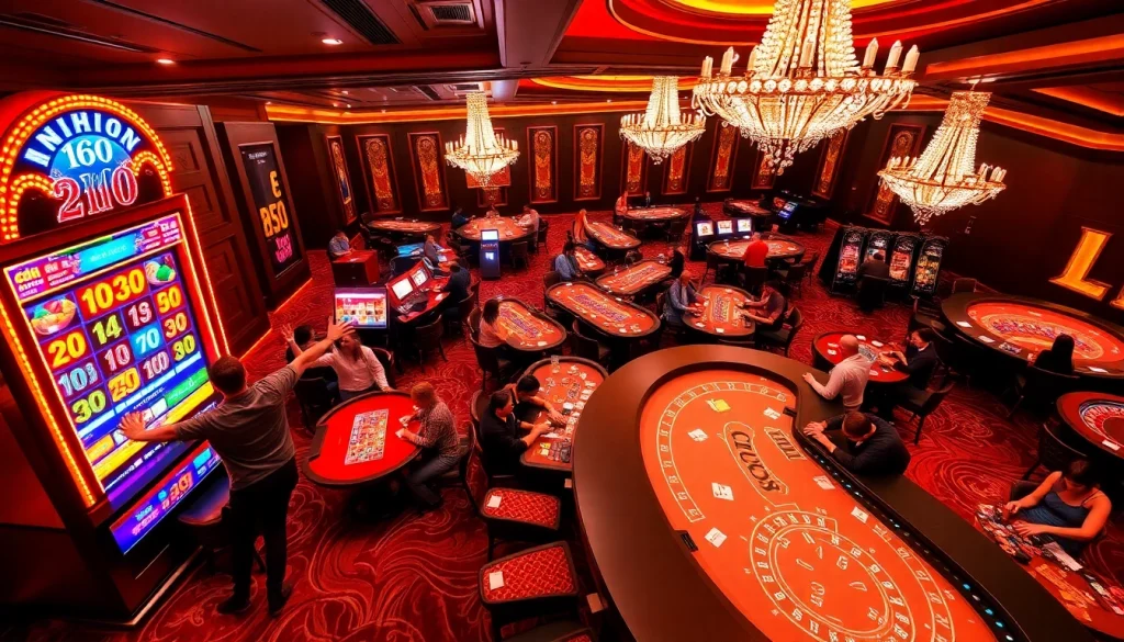 Nổ hũ 90 slot machine lighting up a luxurious casino atmosphere with eager players and exciting games.