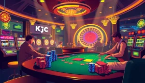 KJC-branded casino scene with players at a poker table and vibrant slot machines, encapsulating excitement.