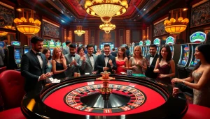 Players enjoying the excitement of luck8 casino with vibrant slot machines and roulette tables.