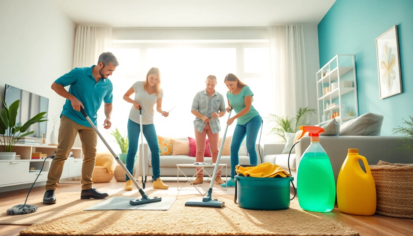 Engage with a professional cleaning service team delivering a sparkling clean in a bright living room.