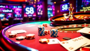 S8 casino excitement with poker chips and roulette wheel on a luxurious gaming table.