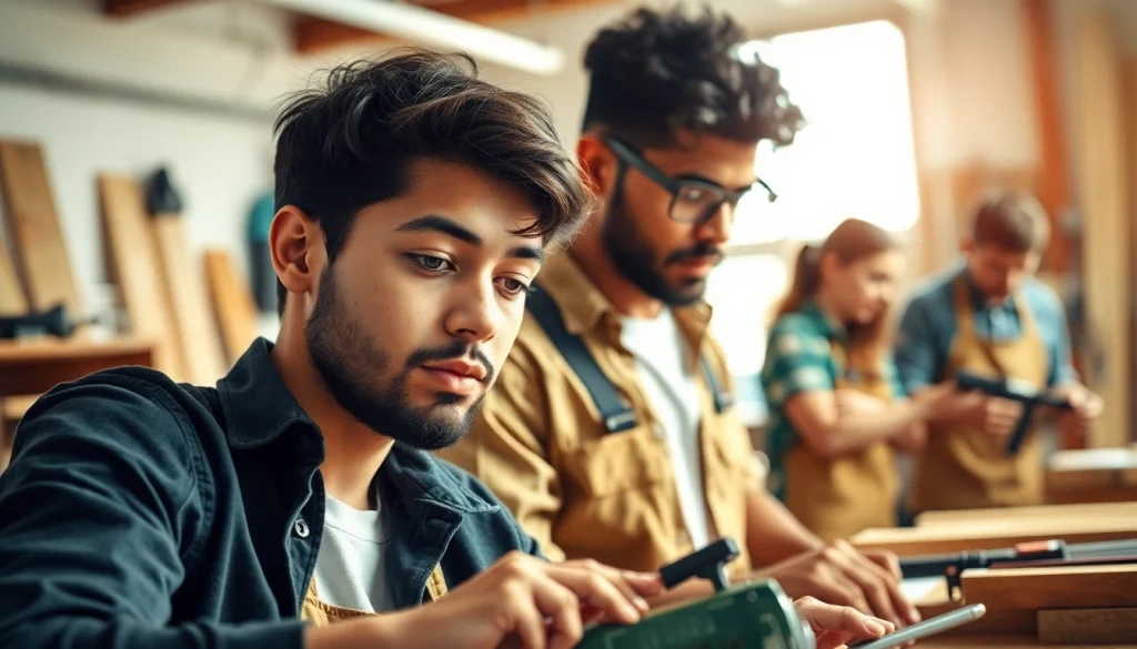 Engaged students learning at trade schools oahu, showcasing their carpentry and electrical skills.