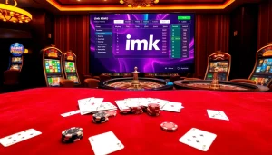 Engaging online gambling scene featuring the link MMOO with vibrant slot machines and poker chips