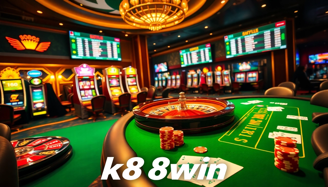 Experience the thrill of k88win with exciting roulette and poker action in a luxurious casino setting.