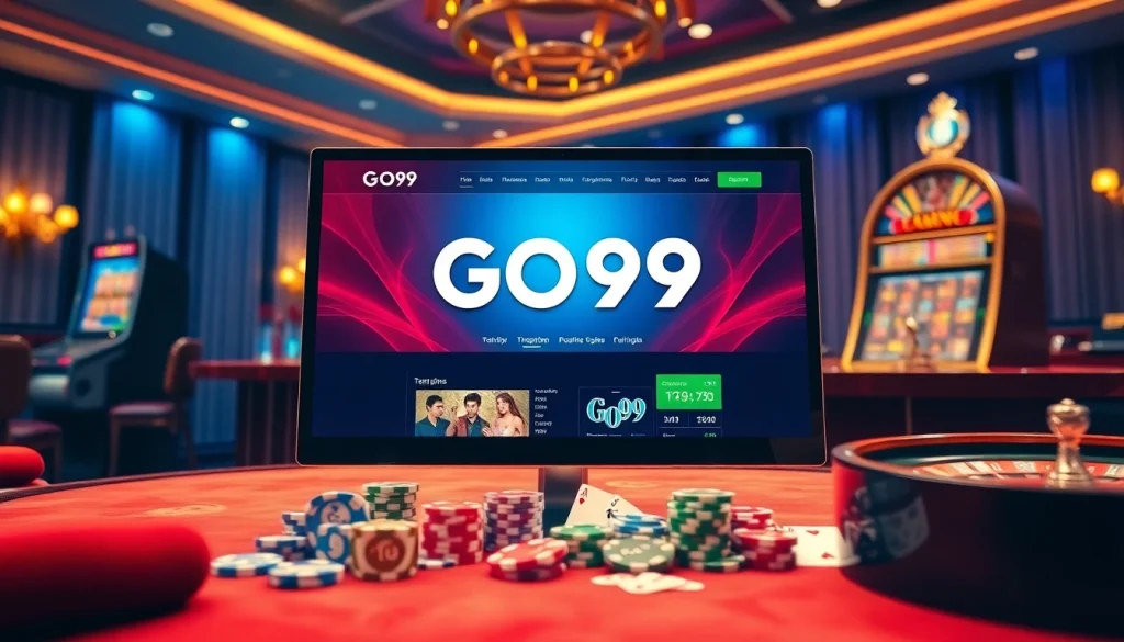 Engaging scene of Trang chủ Go99 featuring online gambling elements like poker chips and slot machines.