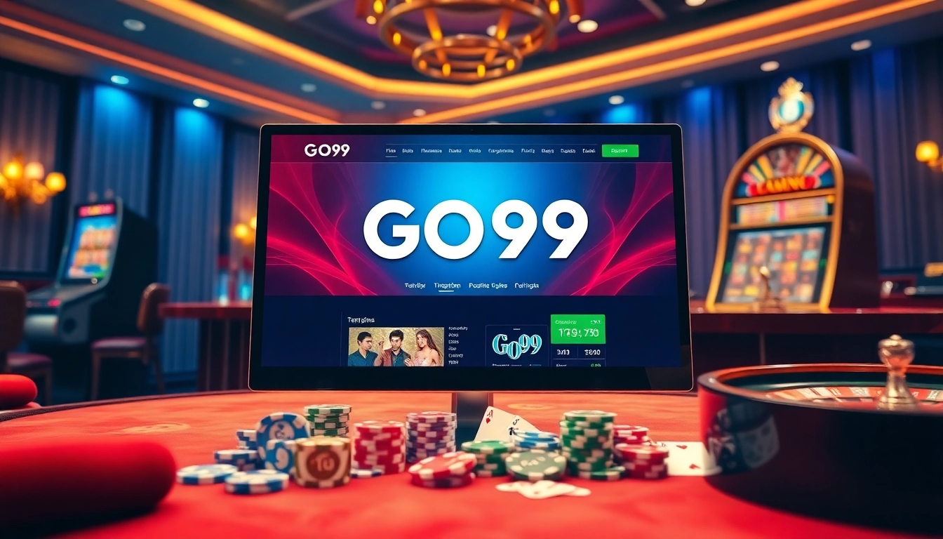 Engaging scene of Trang chủ Go99 featuring online gambling elements like poker chips and slot machines.