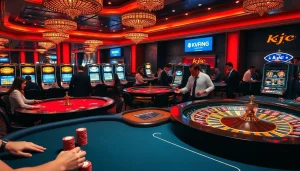 KJC casino featuring vibrant poker tables and roulette wheels in a luxurious setting