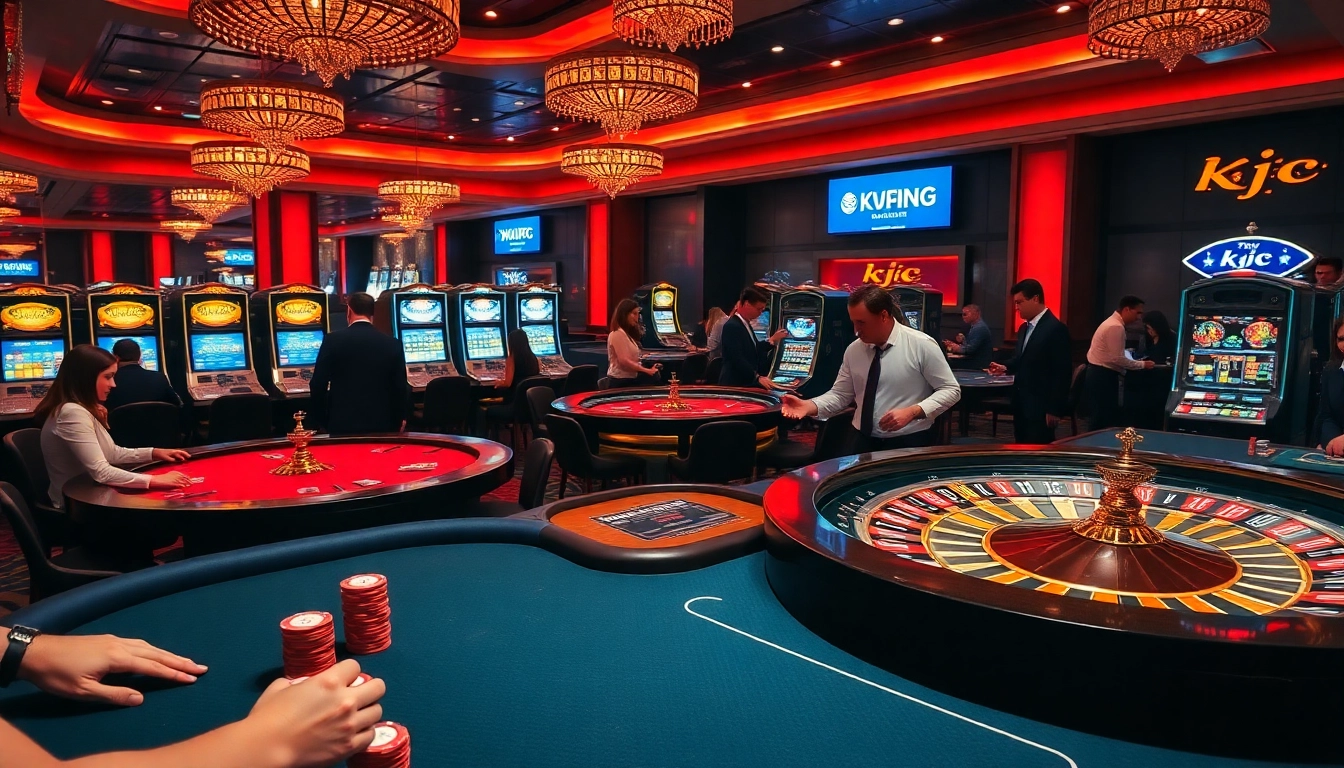 KJC casino featuring vibrant poker tables and roulette wheels in a luxurious setting