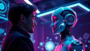 Engaging interaction between a human and AI avatar illustrating the concept of sex ai in a futuristic setting.