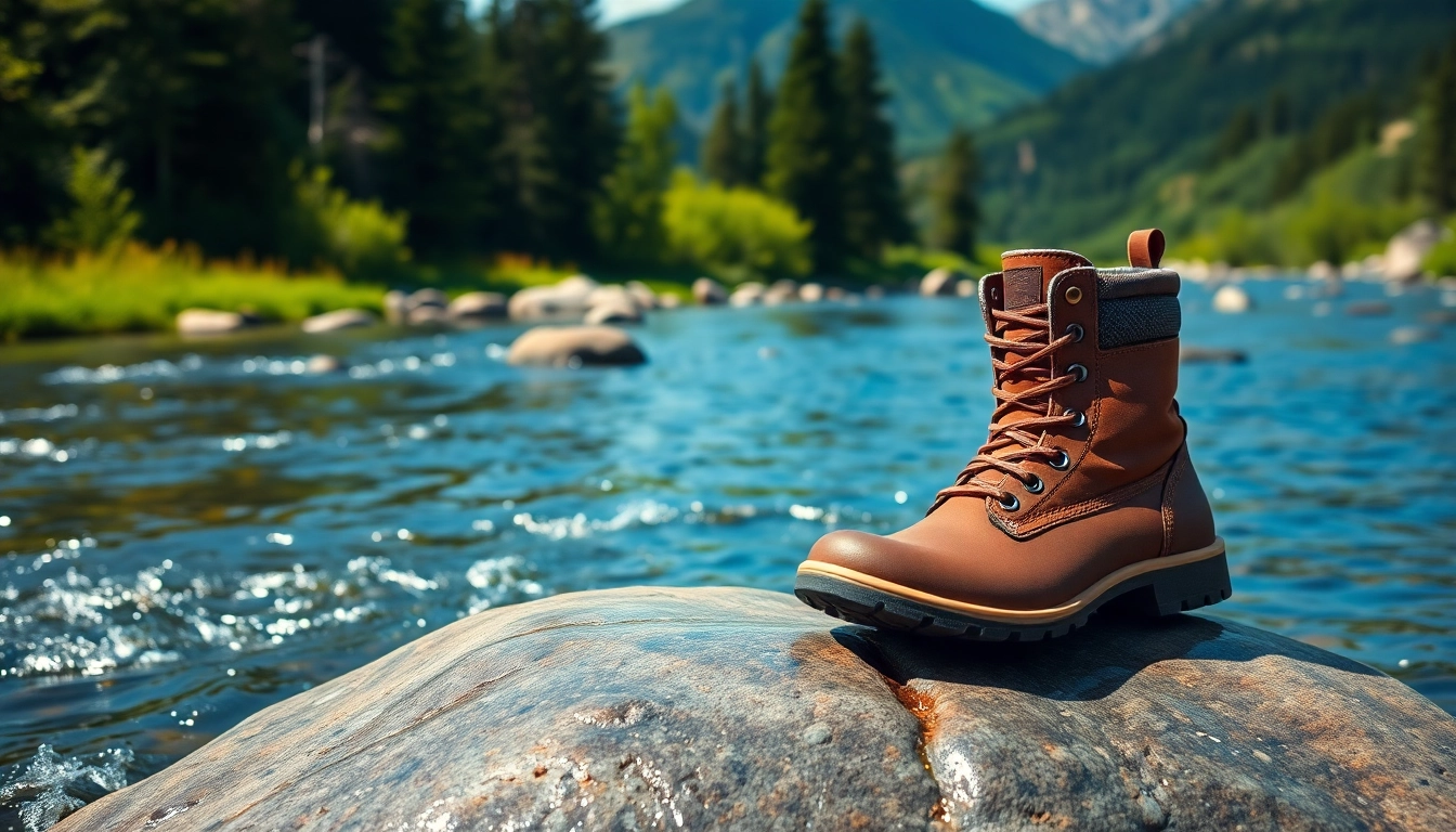 Showcase fly fishing boots on a river rock surrounded by nature, highlighting their rugged design.