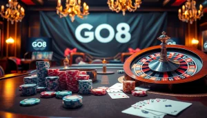 Experience excitement at GO8's casino table with poker chips and a roulette wheel.