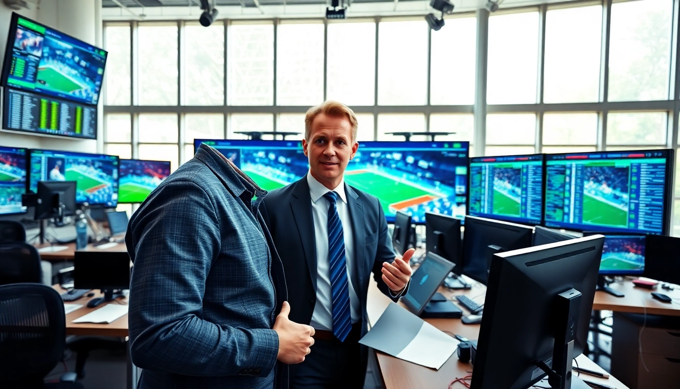 Engaging scene at https://thesportstribune.in featuring a sports journalist amidst dynamic sports data updates.