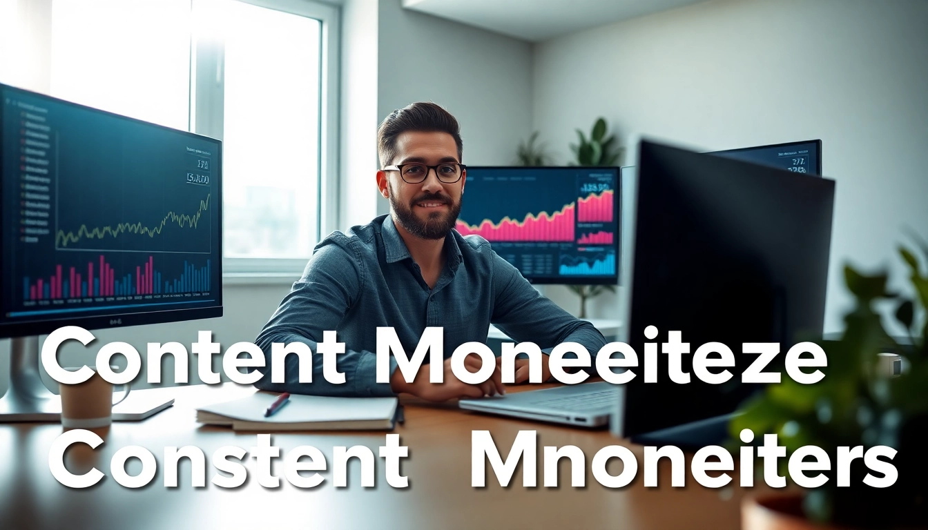 Showcase of content monetization for creators with a focused professional at a workspace.