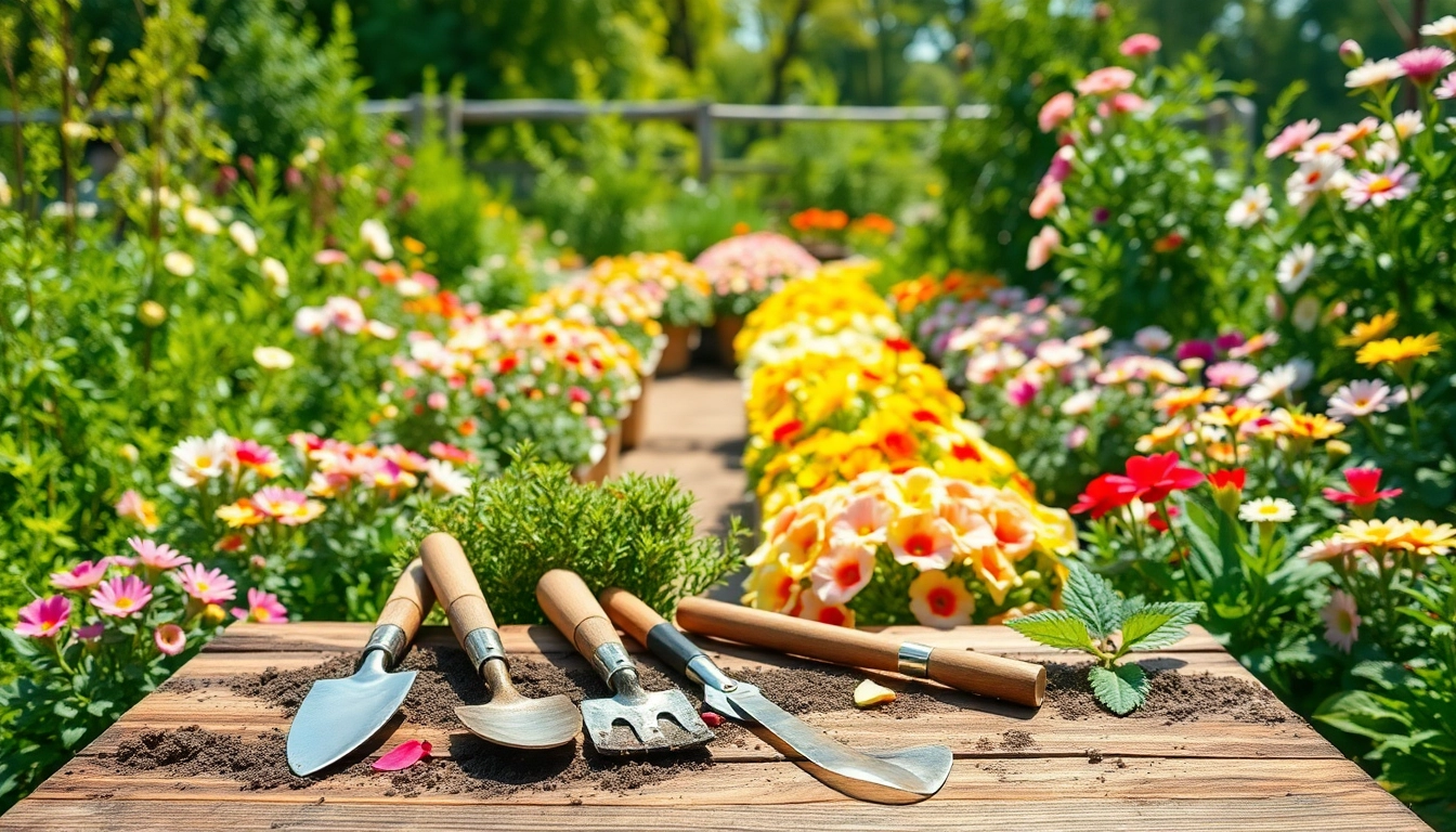 Gardening in a vibrant community garden featuring colorful plants and tools for budding gardeners.