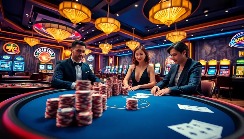 RR88 players engaging in high-stakes poker with vibrant casino atmosphere and excitement.