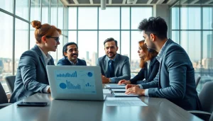 Team analyzing competitive intelligence strategies in a modern office setting.