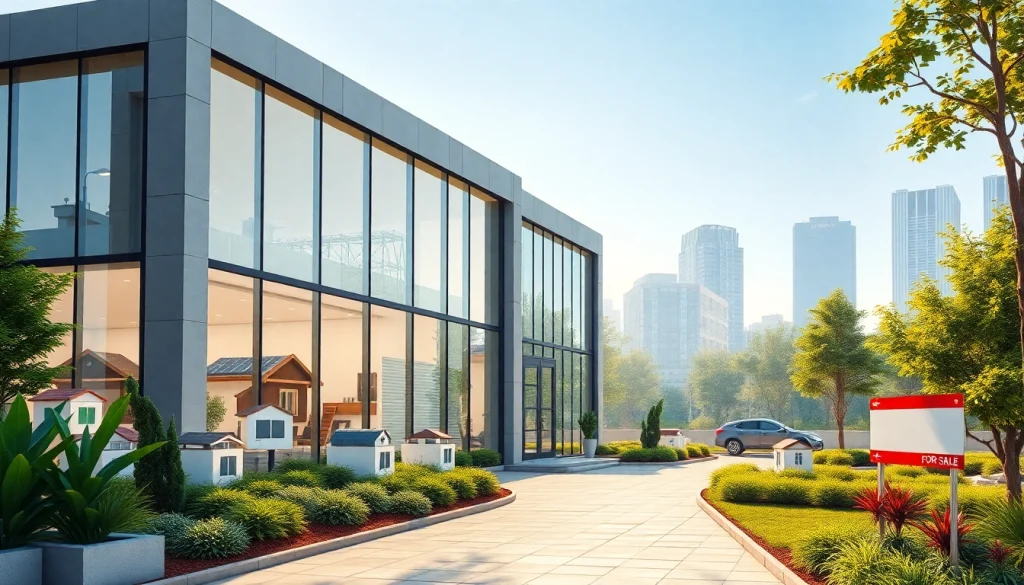 Showcase a modern real estate office in a vibrant urban setting with inviting elements.