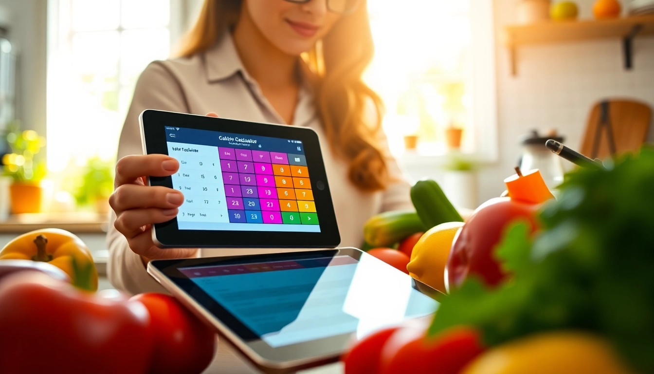 Engaging calorie calculator app in use, showcasing a healthy lifestyle and fresh ingredients.